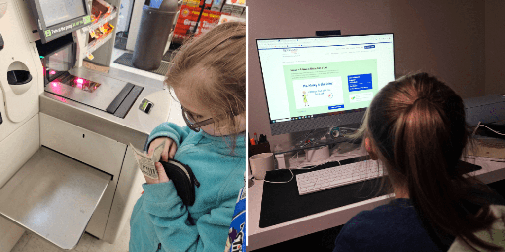 little girl learning about money at computer