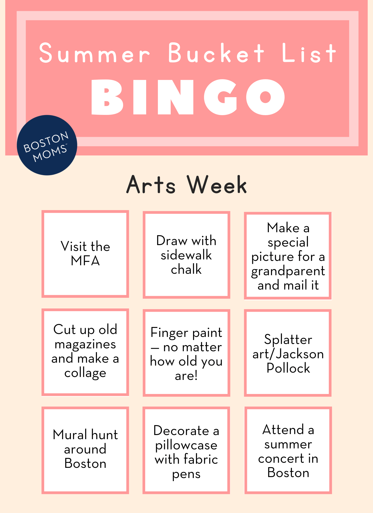 Boston summer bucket list for kids - arts week bingo