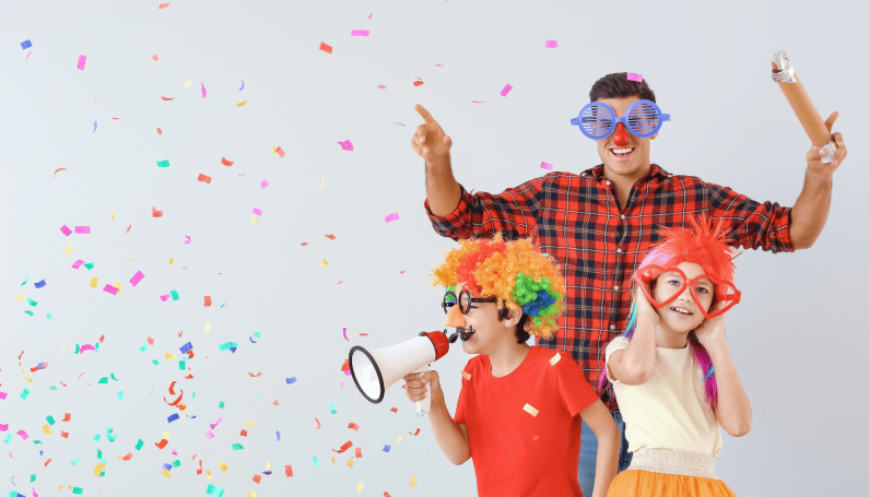 family celebrating April Fools Day (ideas for pranks and jokes for kids)