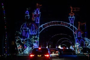 Cars passing through Seuss Land at Bright Nights at Forest Park.