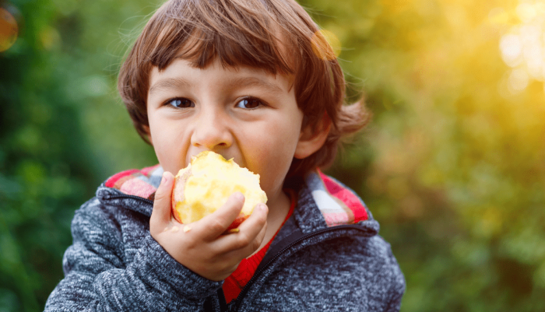 child eating whole apple (artificial ingredients for kids)