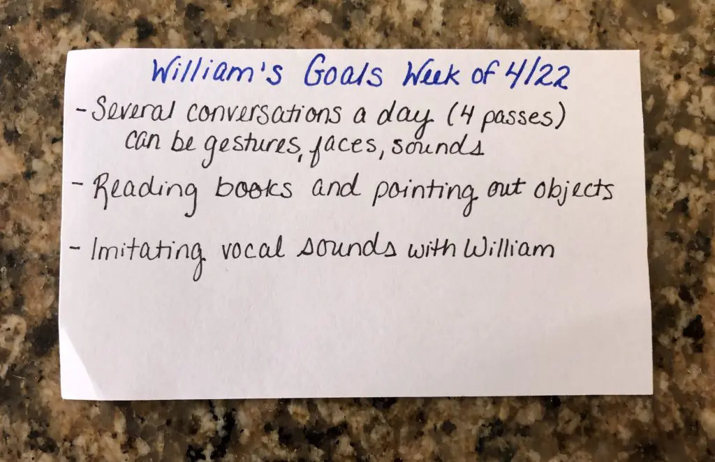 An early intervention goal flashcard for my son.