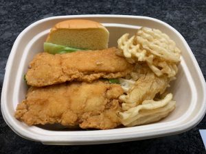 Breaded chicken and french fries