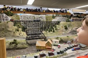 Just some of the model train layout, with a tall bridge and gorge, at the Medina Railroad Museum