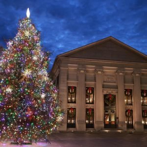 Large outdoor Christmas tree covered in colorful lights. Building in the background with columns and Chritsmas wreaths on each window. Blue, cloudy night sky above.