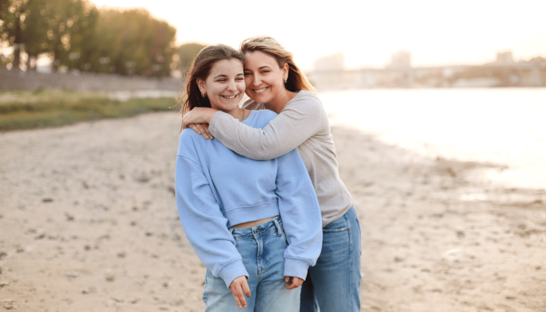 mom and teen daughter on beach, dates with kids in Boston, things to do with kids