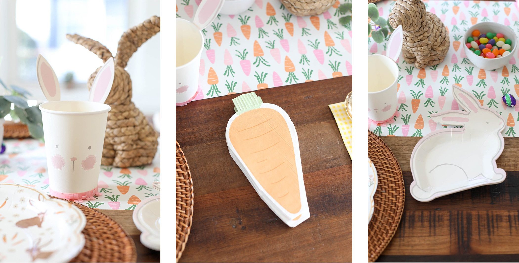 Easter themed napkins, paper plates, and cups