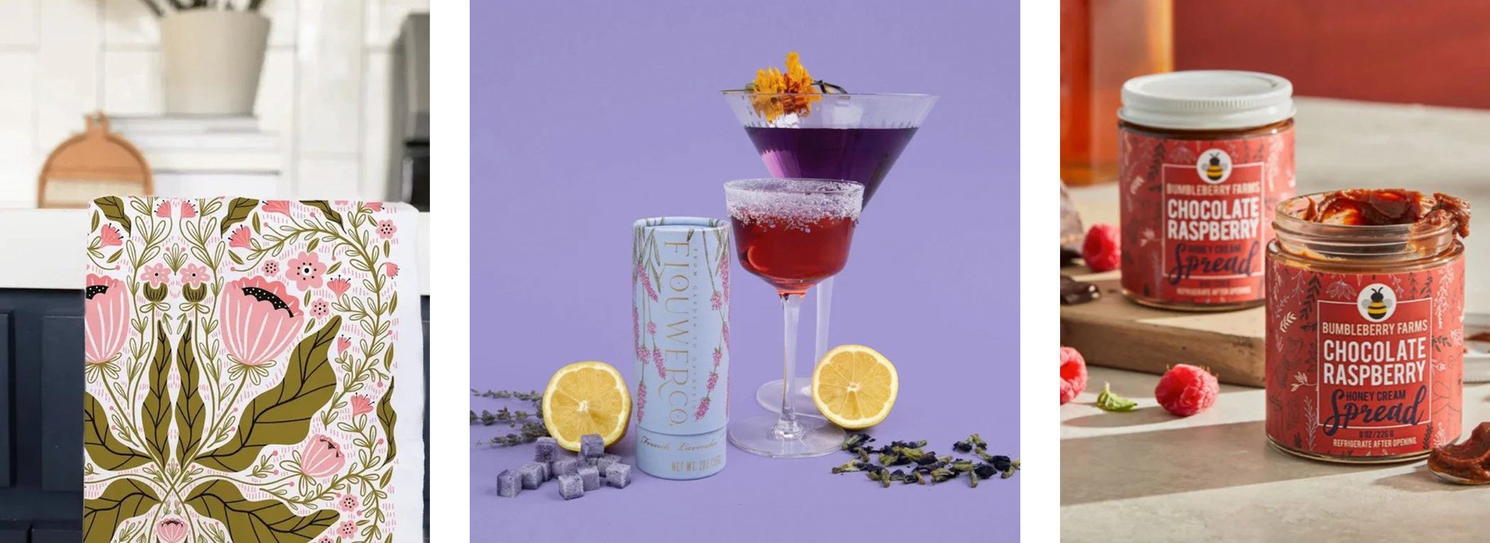 a tea towel, floral infused cocktail cubes, and honey cream chocolate spread 