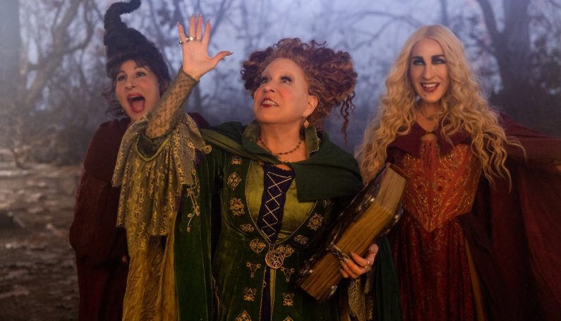 Kathy Najimy as Mary Sanderson, Bette Midler as Winifred Sanderson, and Sarah Jessica Parker as Sarah Sanderson in Disney's live-action HOCUS POCUS 2, exclusively on Disney+. Photo by Matt Kennedy. © 2022 Disney Enterprises, Inc. All Rights Reserved. Halloween movies.