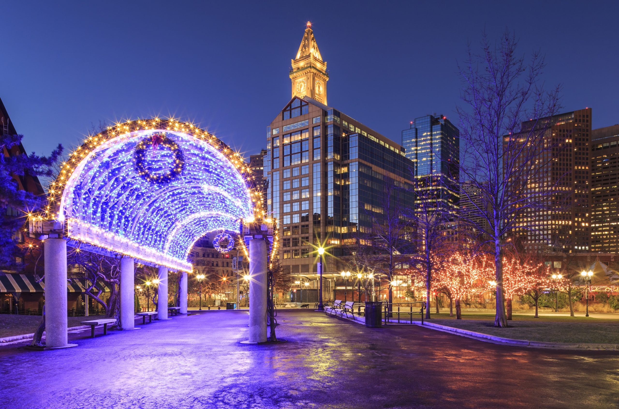 View of Christopher Columbus Park in Boston during the Christmas holidays
