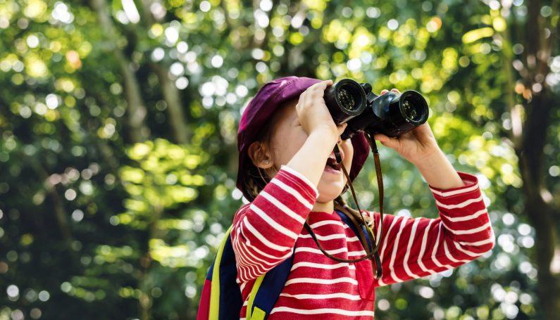 Little girl using binoculars in the forest (their 18 summers don't belong to me, childhood)
