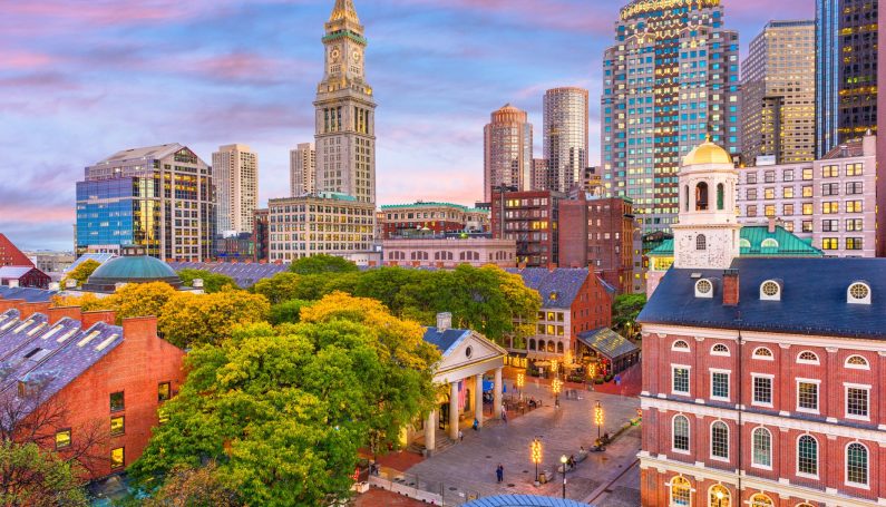 Boston, Massachusetts, skyline over Quincy Market, Faneuil Hall, and the Greenway