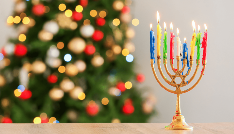 Hanukkah menorah and Christmas tree (interfaith family celebrates both)