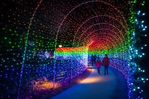 A child and an adult wander through a rainbow tunnel of lights.