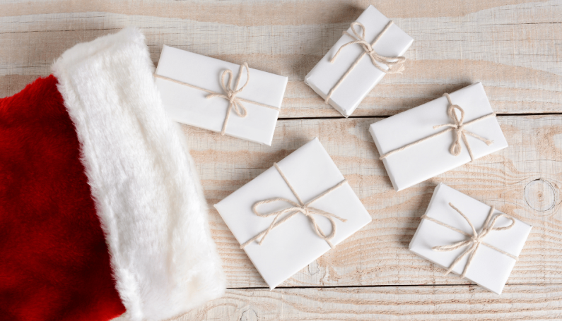 Christmas stocking with wrapped gifts (stocking stuffer ideas)